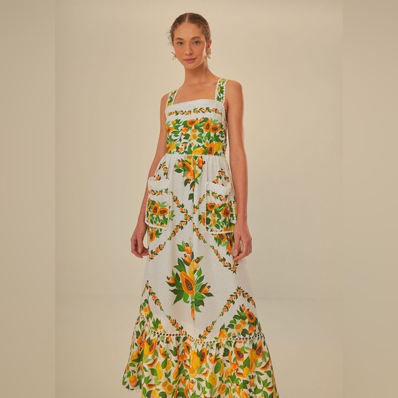 Farm Rio Papaya Salad Scarf Tie Back Midi Dress NWT - Picture 16 of 16